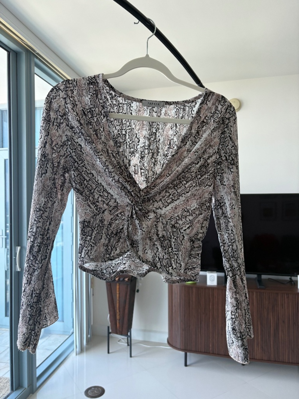 Papaya Snakeskin Print Twist Front Long Sleeve Top